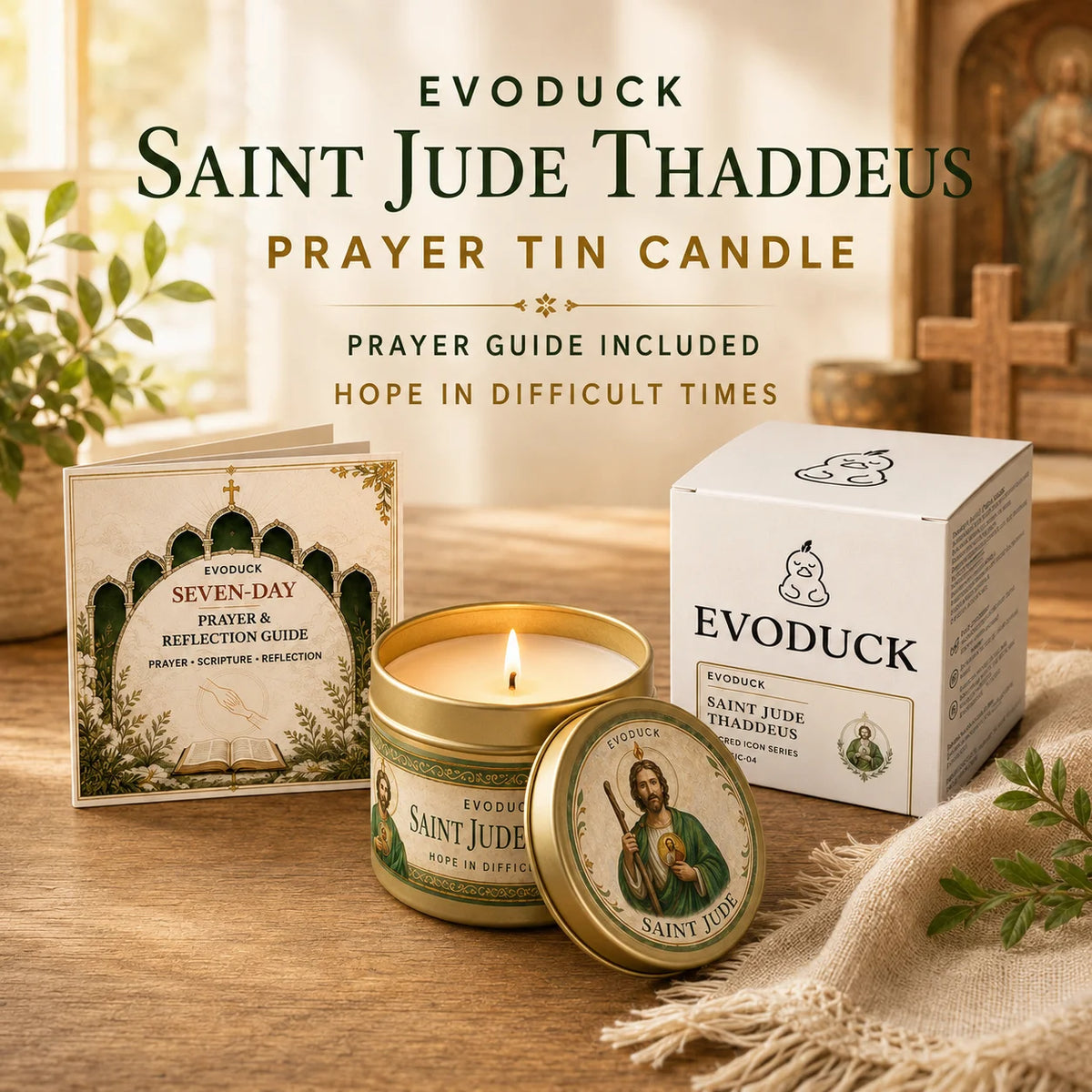 Evoduck Saint Jude Thaddeus prayer tin candle and guide in a gift box on a wooden surface.