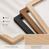 Three wooden photo frames in black walnut, oak, and natural wood grain showing a 45 degree corner joint.