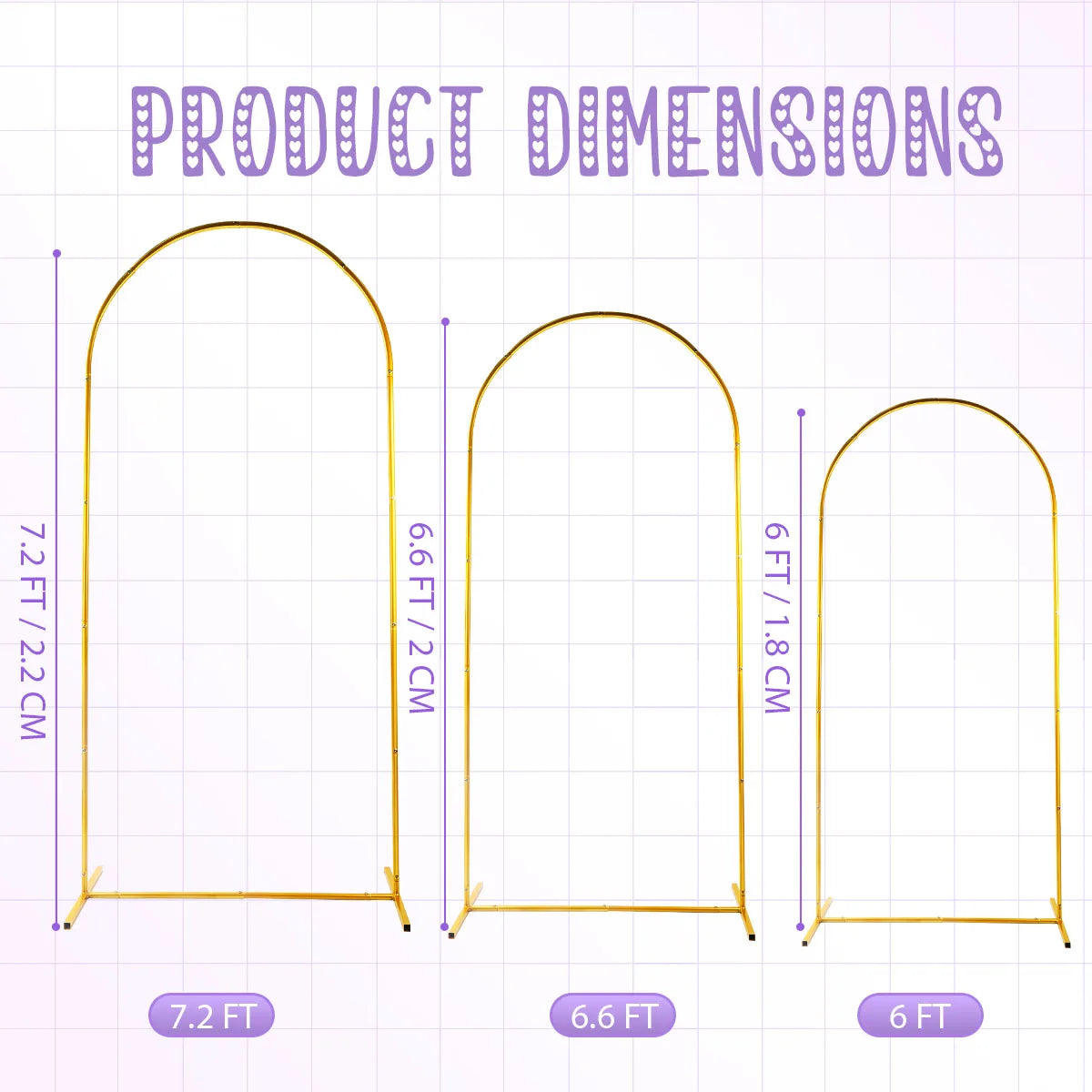 Diagram showing the dimensions of three metal arch backdrops: 7.2 FT, 6.6 FT, and 6 FT.