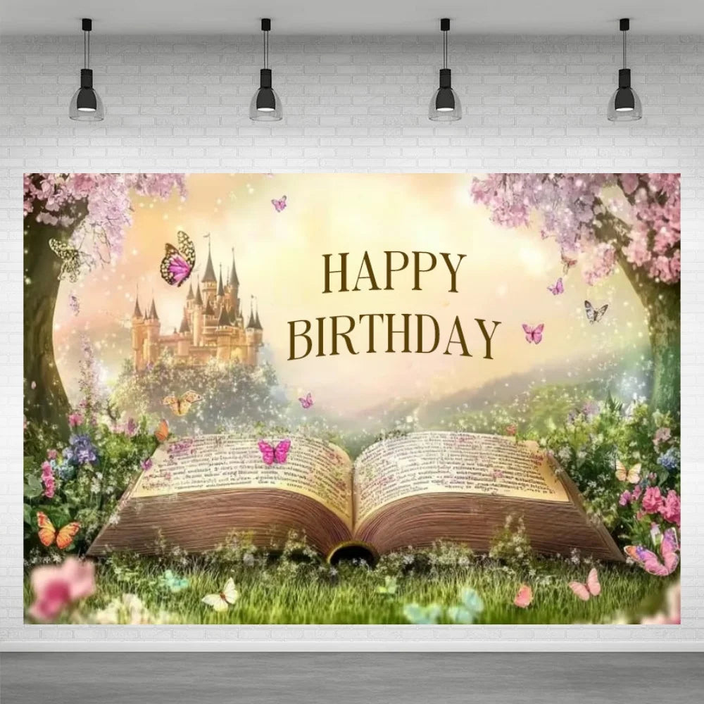 A beautiful birthday backdrop featuring an open book surrounded by pink and purple flowers and butterflies under a blossoming