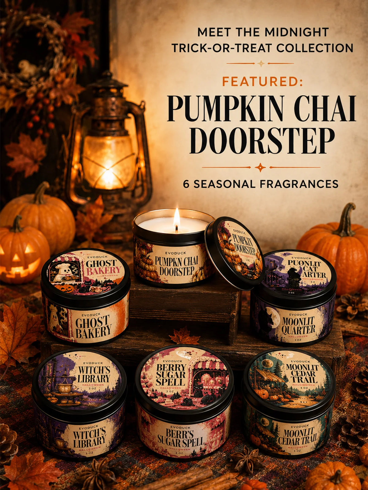 A collection of six seasonal fragrances featuring pumpkin chai scents in glass jars set against a rustic background.