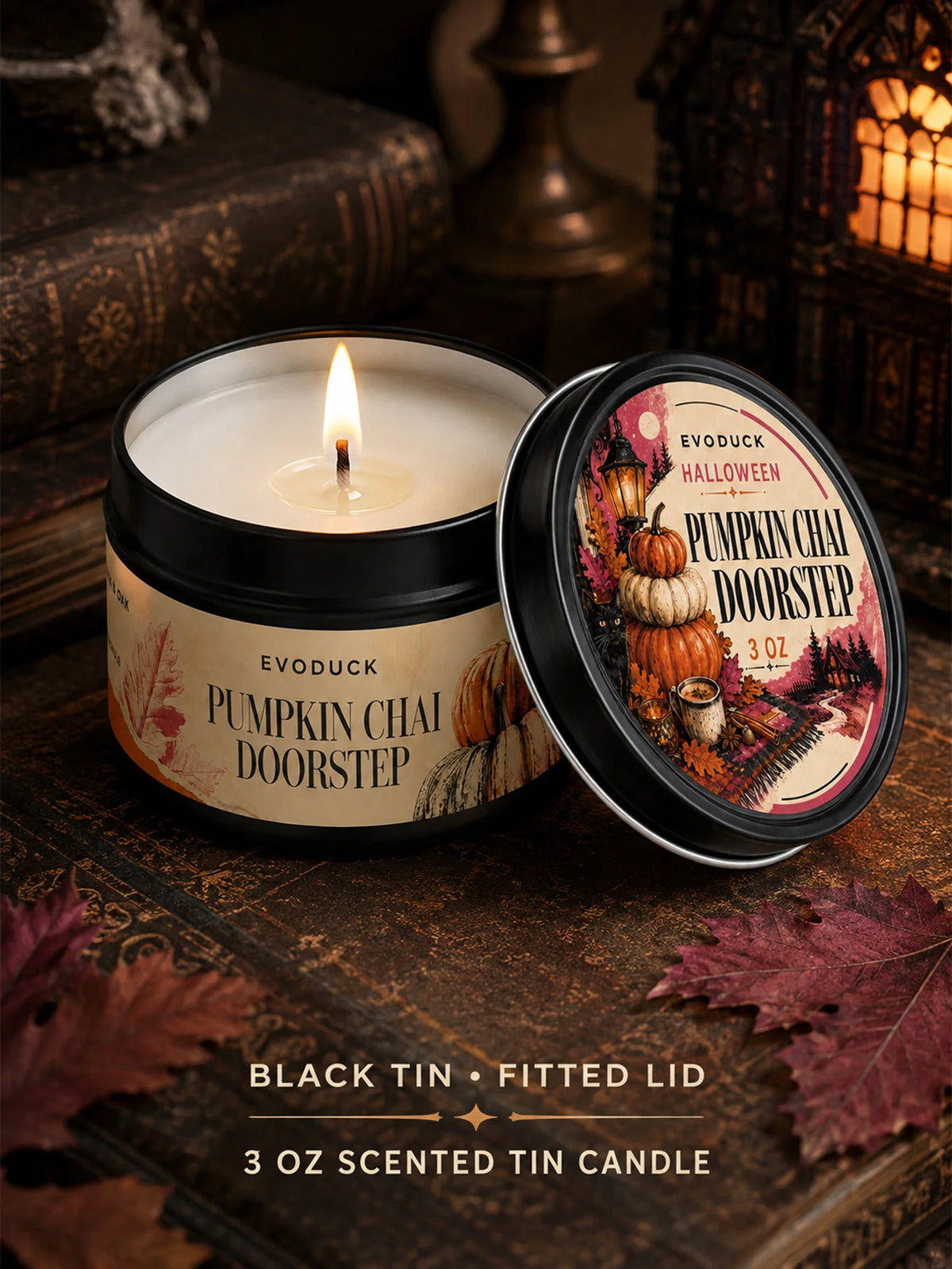 A black tin scented candle labeled Pumpkin Chai Doorstep resting on a dark wooden surface with autumn leaves.