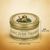 A tin of Saint Jude Thaddeus prayer candles with a lid featuring a depiction of the saint.