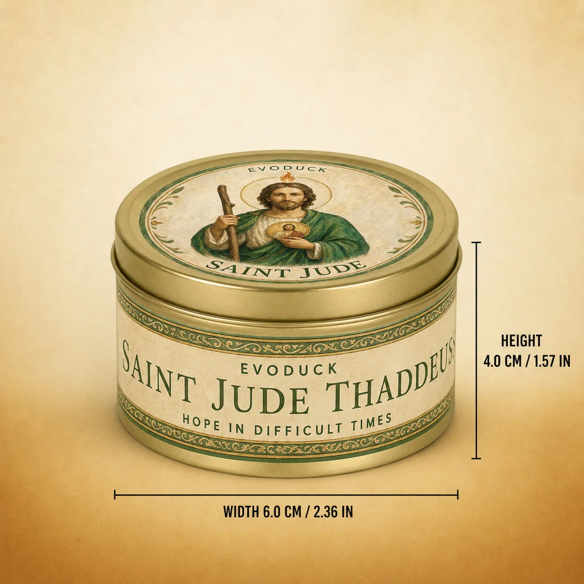 A tin of Saint Jude Thaddeus prayer candles with a lid featuring a depiction of the saint.