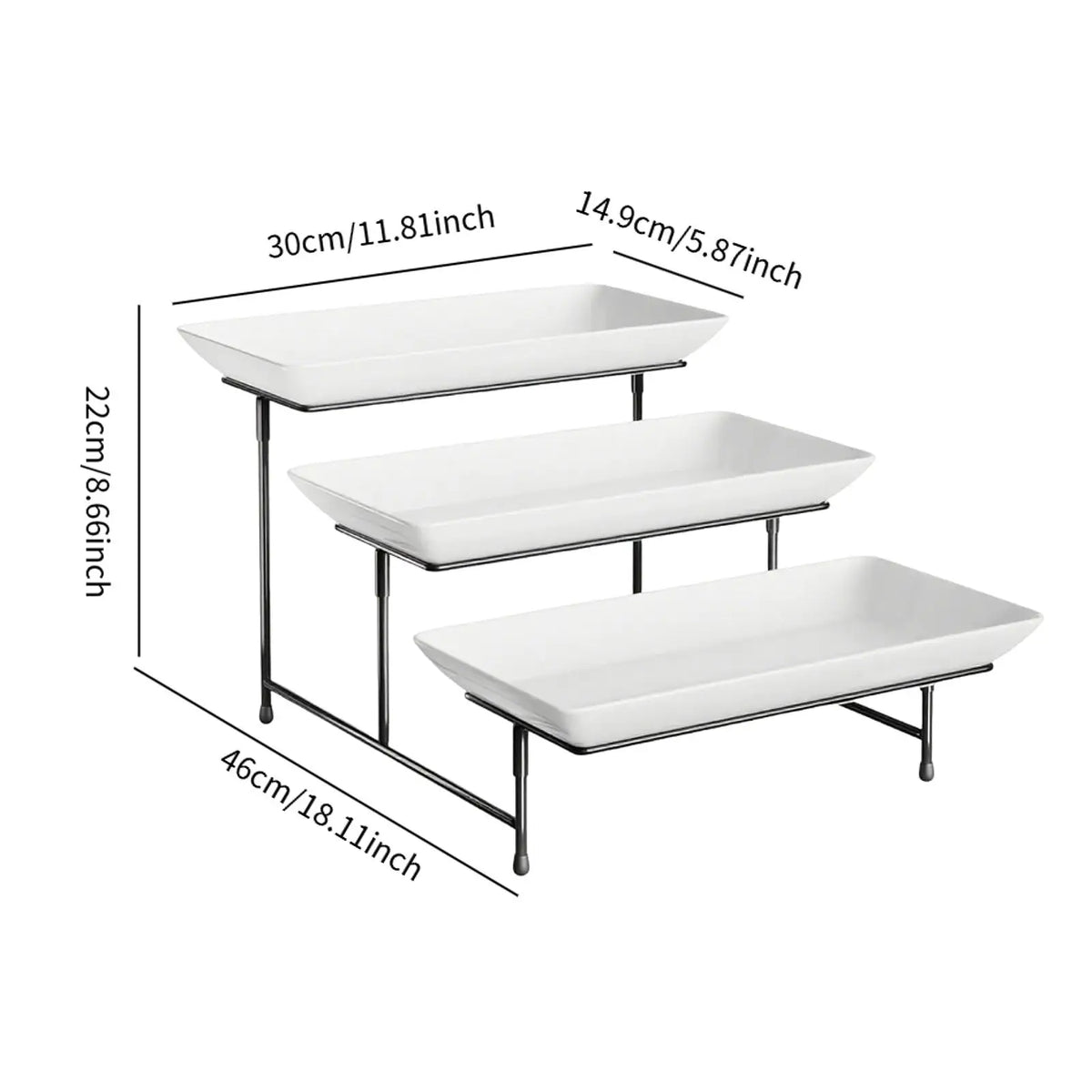 A black metal three-tier rectangular serving platter stand with white serving trays.