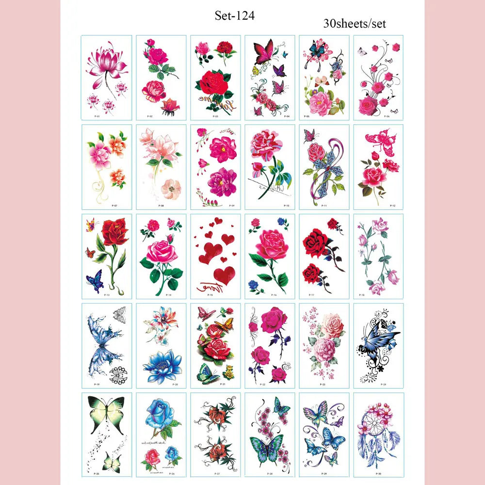 A set of 124 floral and butterfly temporary body art stickers for decoration