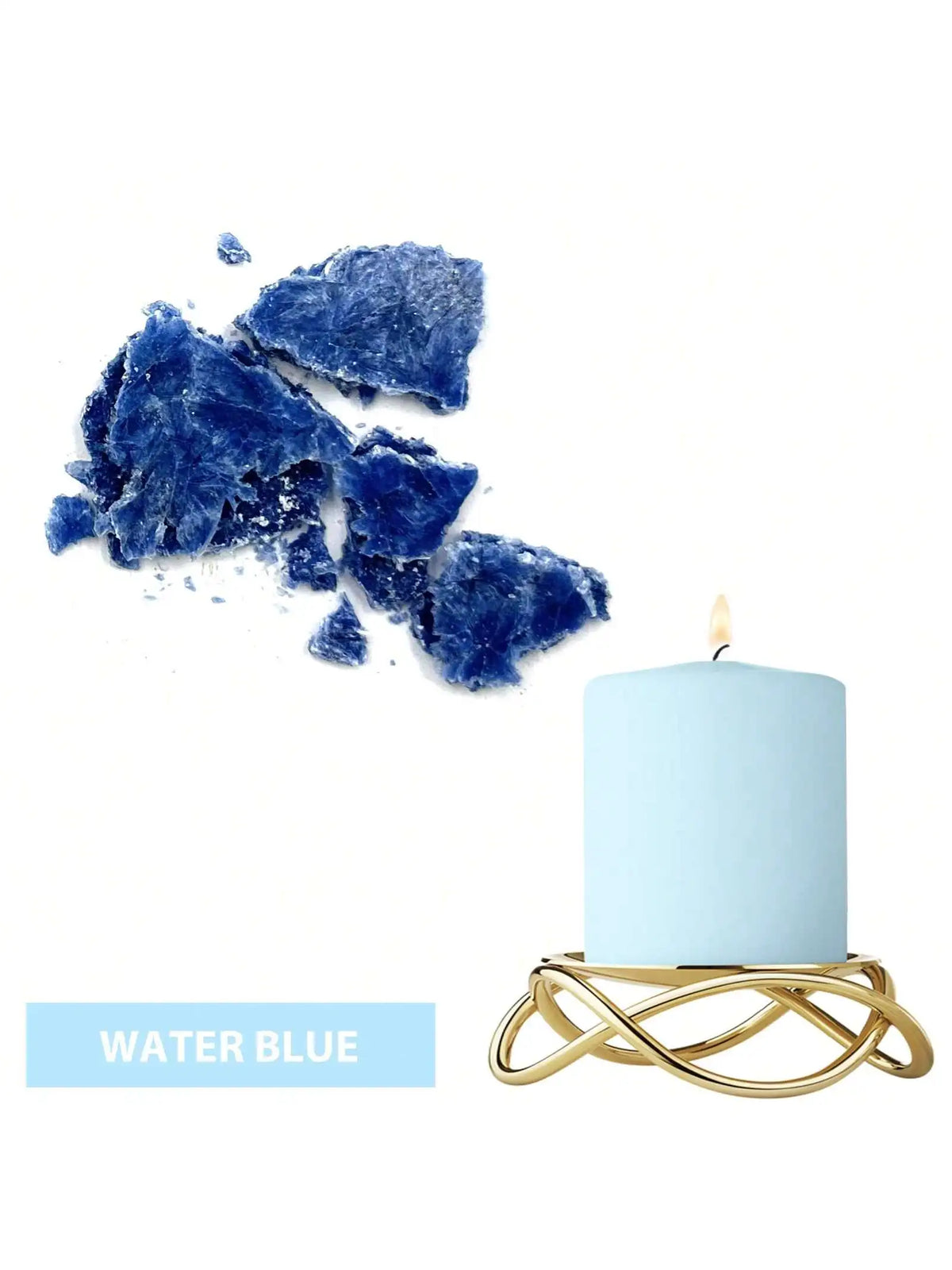 A light blue candle in a gold wire holder next to vibrant water blue dye blocks.