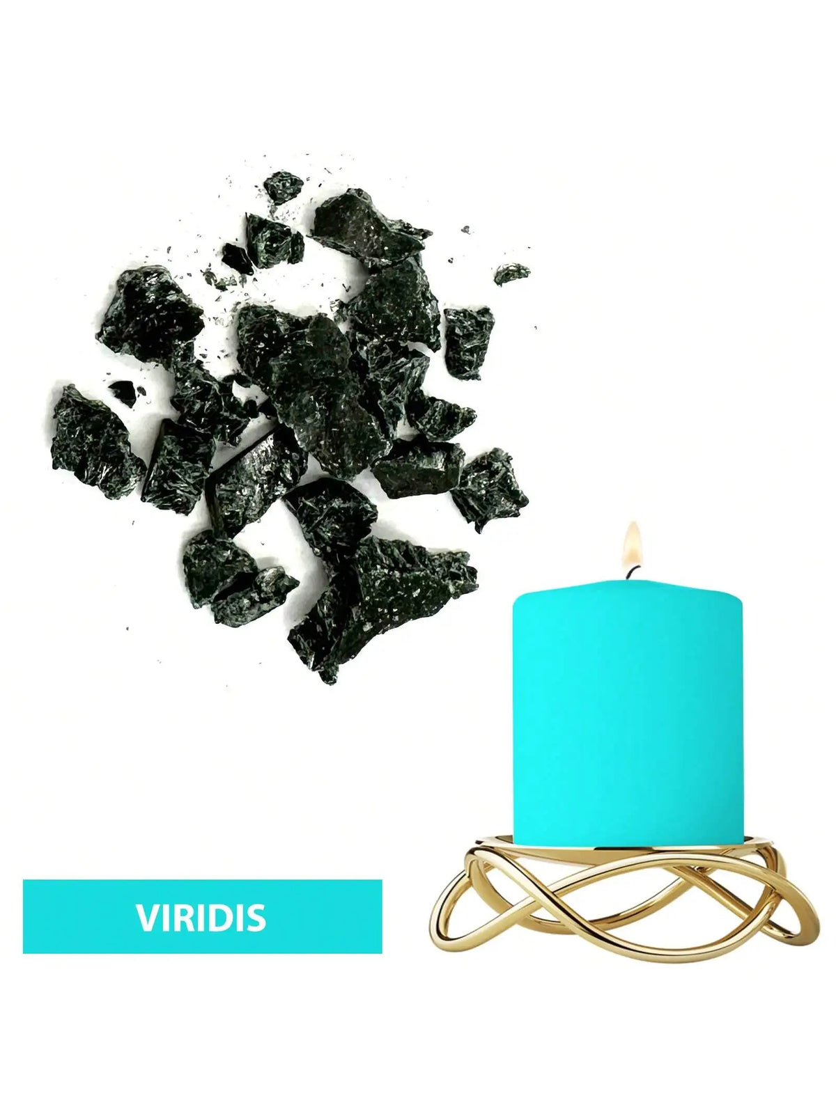 A teal blue candle in a gold wire holder next to black dye blocks.