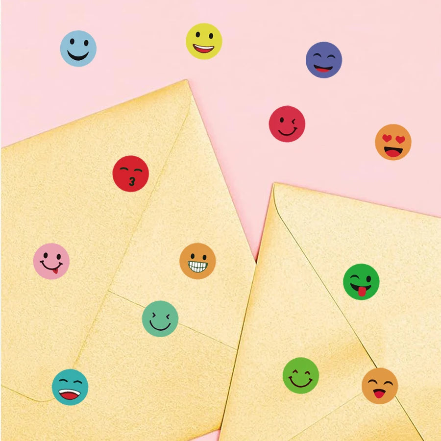 A collection of colorful round expression stickers on a pink background, including smiley faces and happy emojis.