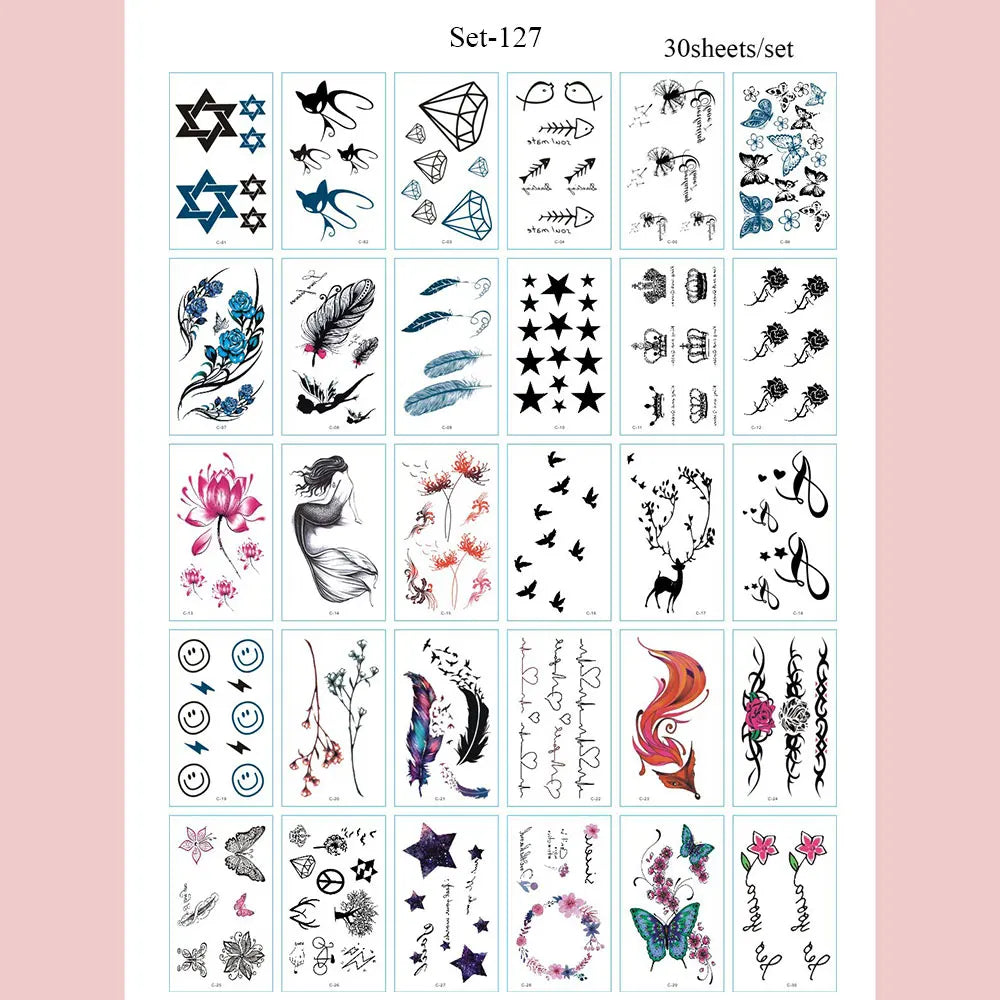 A sheet of 30 waterproof temporary body art stickers featuring various floral, geometric, and nature-inspired designs.