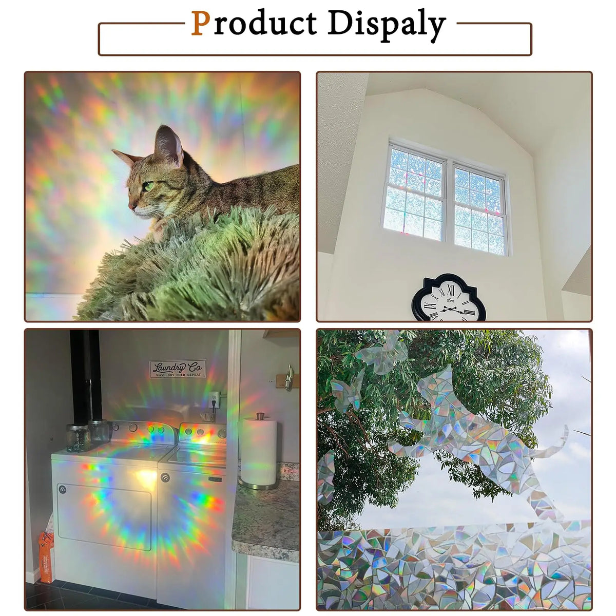 Display of rainbow holographic privacy window film applied to various surfaces.