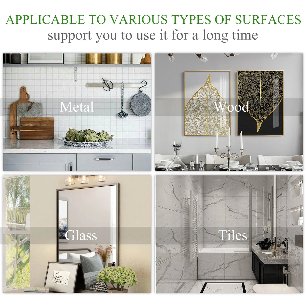 Self-adhesive EVA wall trim strips in various colors and finishes applied to metal, wood, glass, and tile surfaces for home d