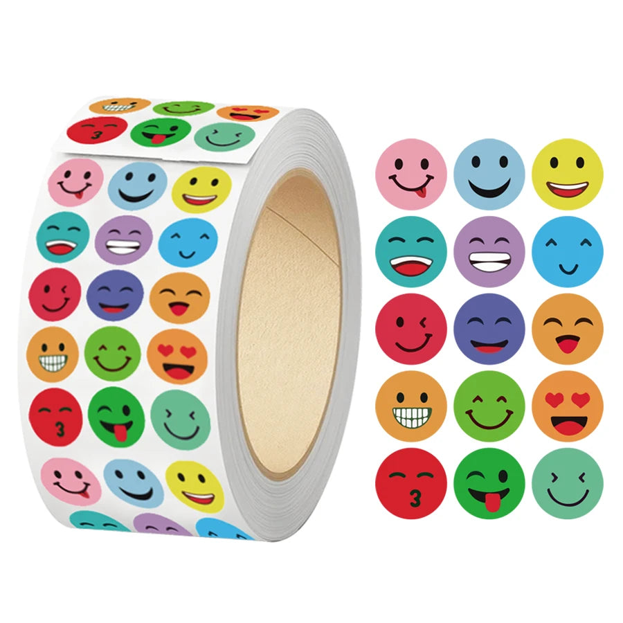 A roll of multicolor round expression stickers for packaging and organization, showing various happy and sad faces.