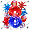 A collection of red, blue, and silver foil balloons shaped like spiders and stars.