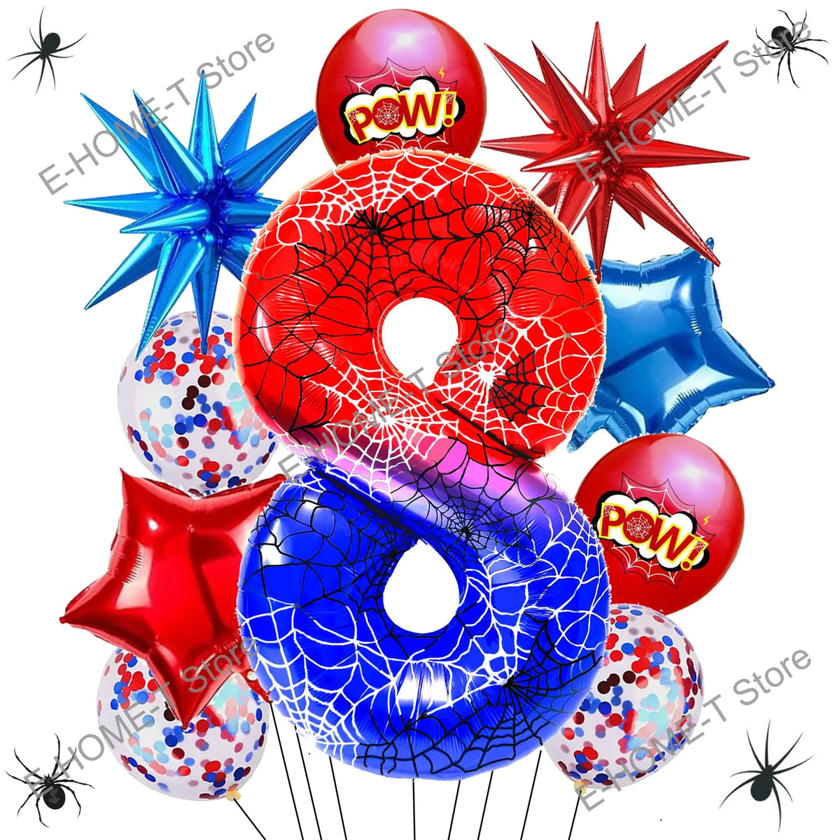 A collection of red, blue, and silver foil balloons shaped like spiders and stars.