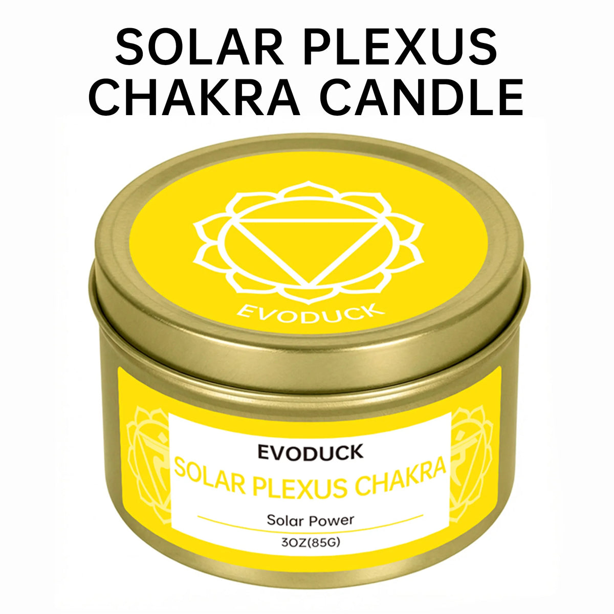 A jar of Solar Plexus Chakra candle labeled Evoduck Solar Power