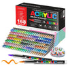 A box of 168 acrylic brush markers and a set of individual marker pens are displayed.