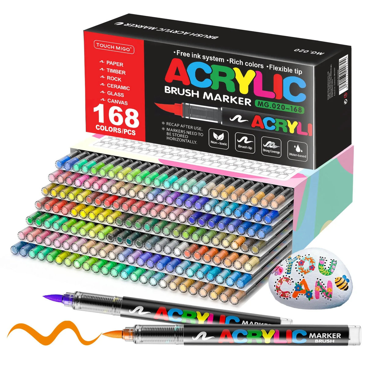 A box of 168 acrylic brush markers and a set of individual marker pens are displayed.