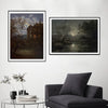Une galerie murale avec deux peintures sombres et mélancoliques de paysages et d'architecture.