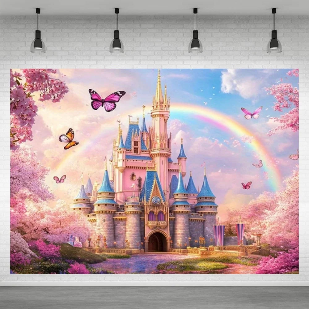 A vibrant illustration of a pink castle surrounded by pink cherry blossoms and a rainbow under a bright sky.
