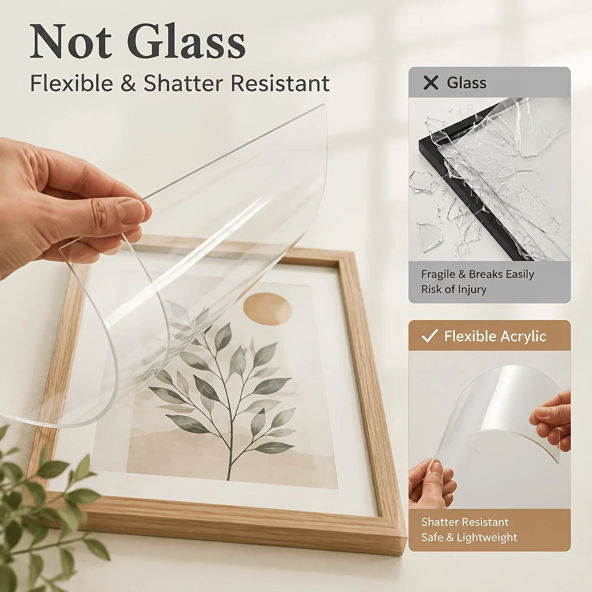 A hand holds a clear, flexible acrylic sheet over a wooden photo frame demonstrating its shatter resistance.