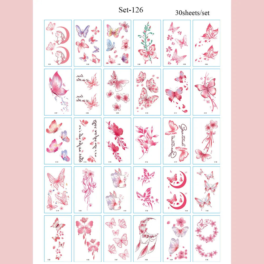 Set of 126 waterproof temporary body art stickers featuring various floral and butterfly designs