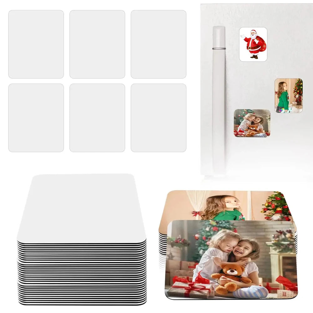 A set of ten blank white sublimation fridge magnets and a stack of black and white striped magnets.