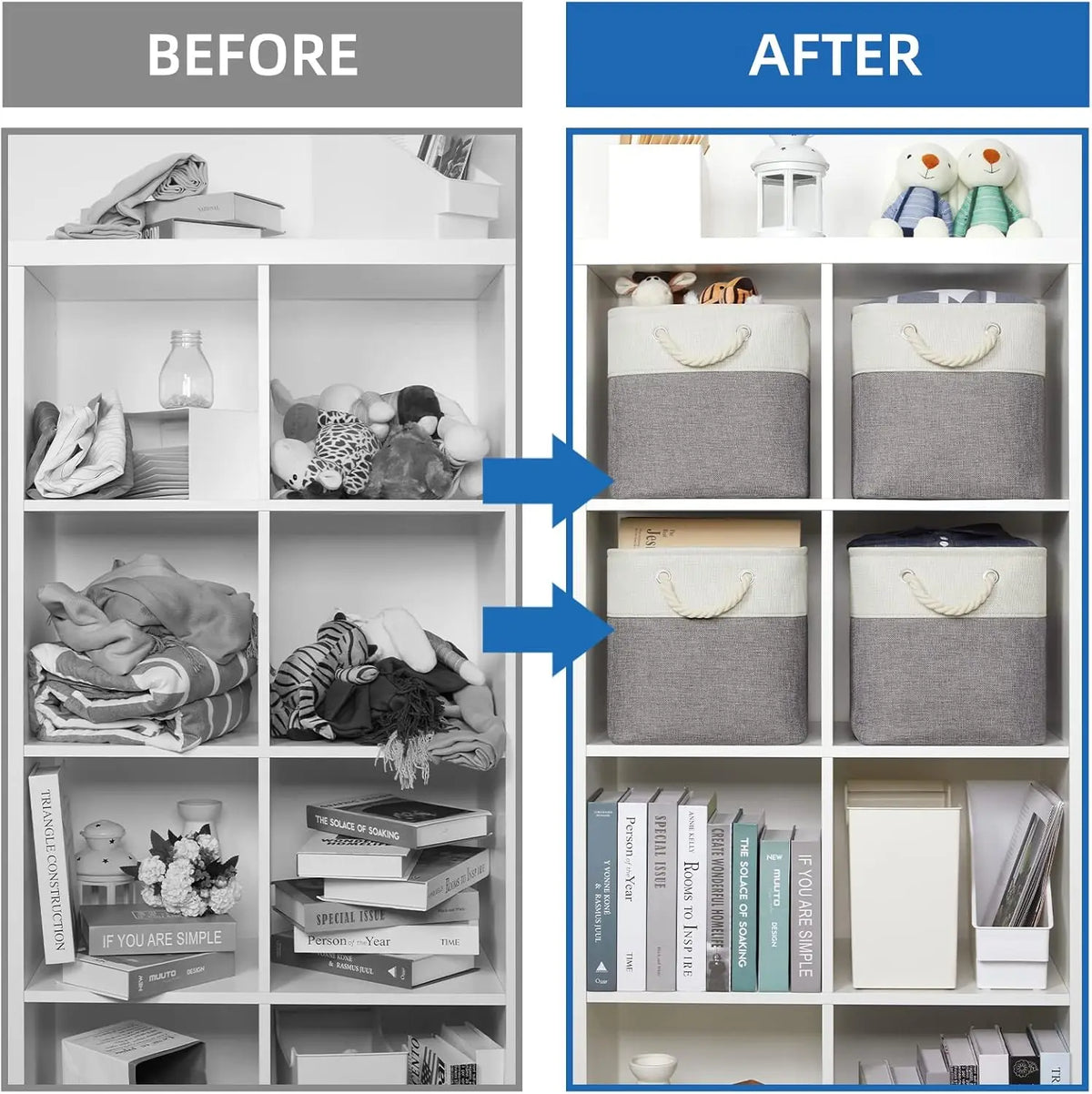 Before and after comparison showing fabric storage cubes with metal frames in gray and white.