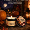 A set of pumpkin chai scented candles and a jar labeled Pumpkin Chai Doorstep set against an autumn outdoor backdrop.