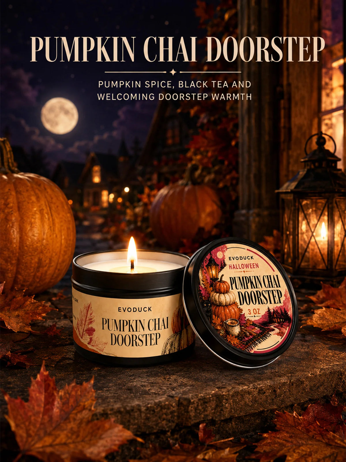 A set of pumpkin chai scented candles and a jar labeled Pumpkin Chai Doorstep set against an autumn outdoor backdrop.