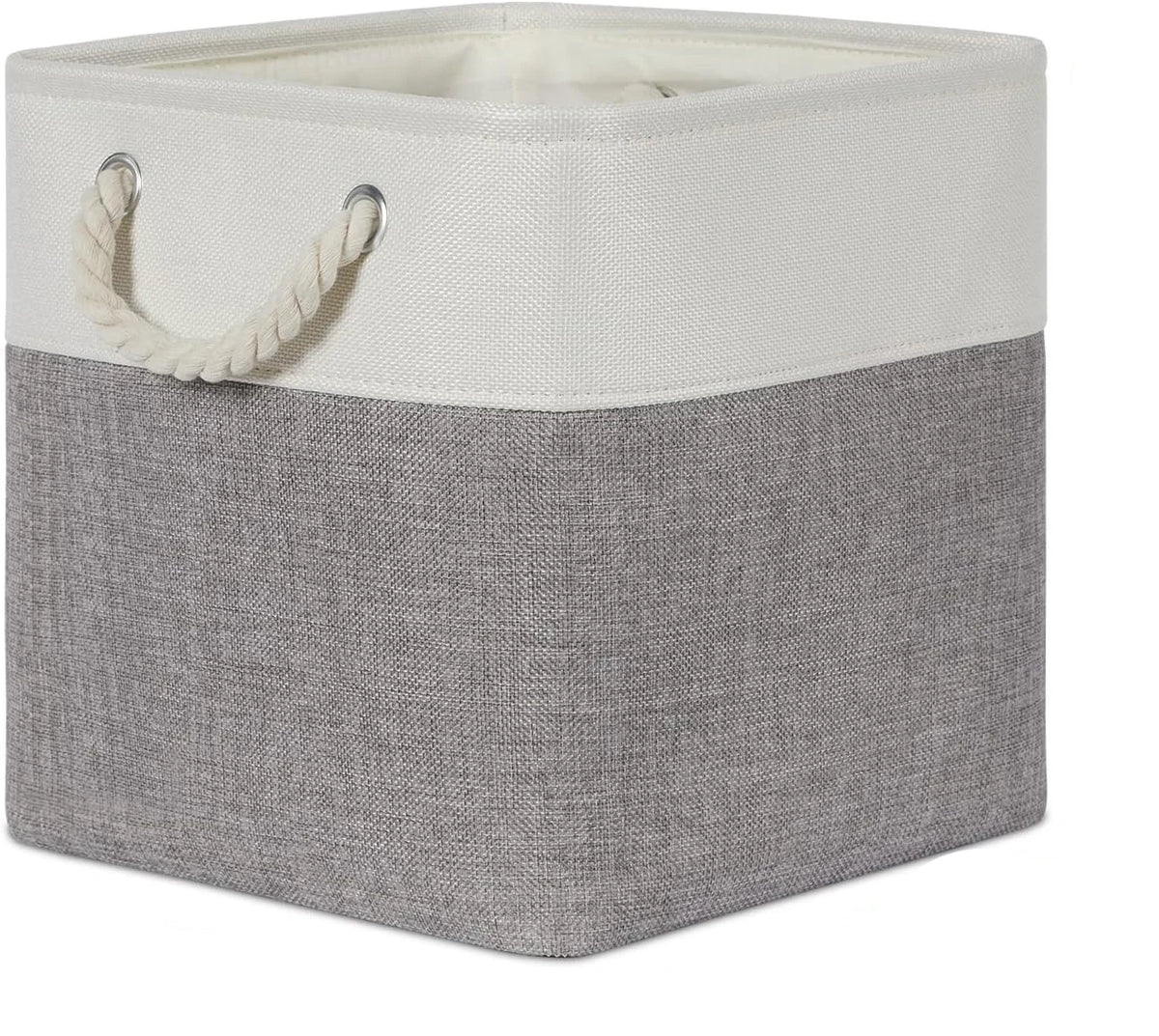 Fabric storage cubes with metal frames in white and gray.
