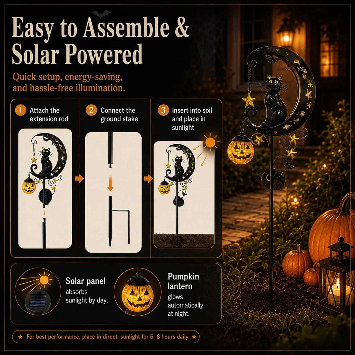 Instructions show how to assemble a Halloween solar garden stake light featuring a black cat, moon, and pumpkin lantern.