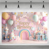 A pink and gold birthday party backdrop featuring a castle, balloons, and clouds for a princess theme.