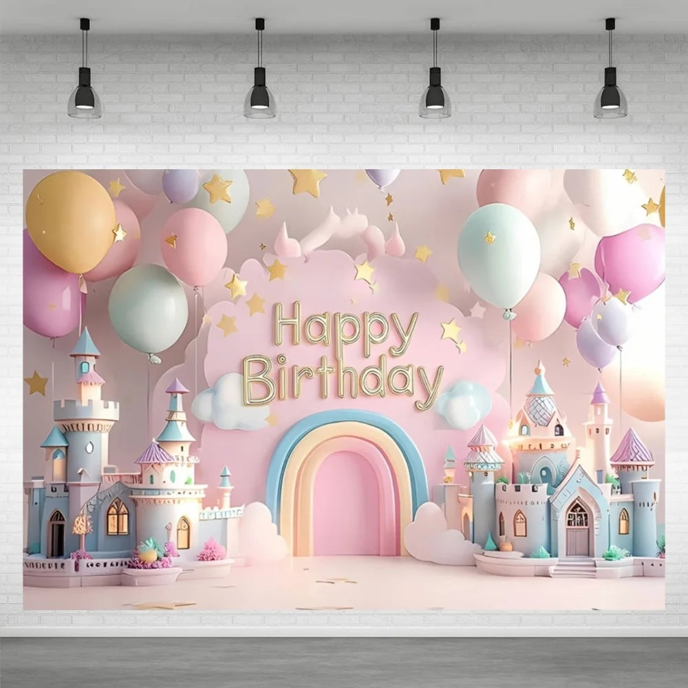 A pink and gold birthday party backdrop featuring a castle, balloons, and clouds for a princess theme.