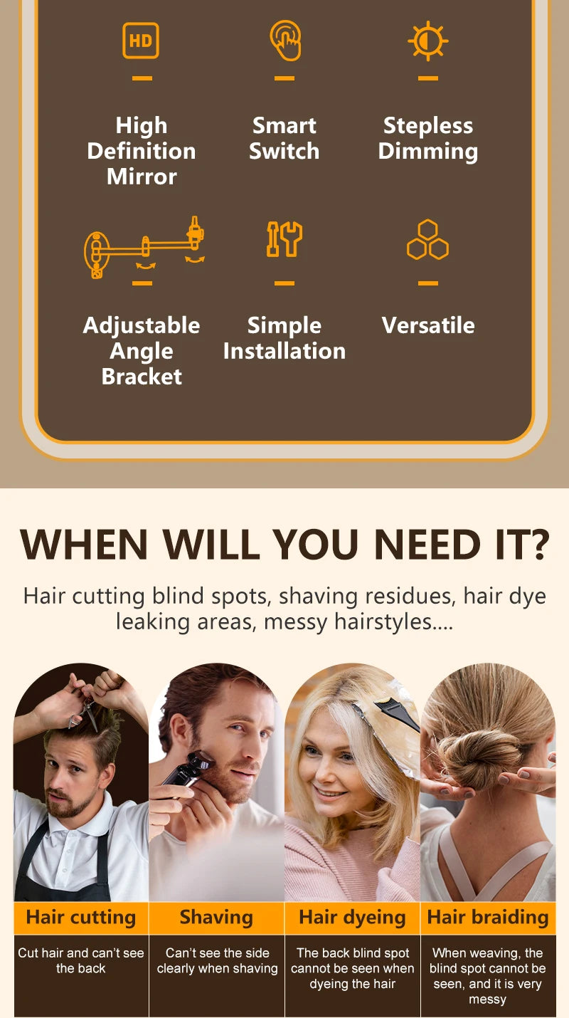 A 3-way adjustable wall mounted hair cutting mirror with LED light showing various uses for hair styling and grooming.