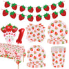 Strawberry party supplies kit including plates cups napkins and a tablecloth