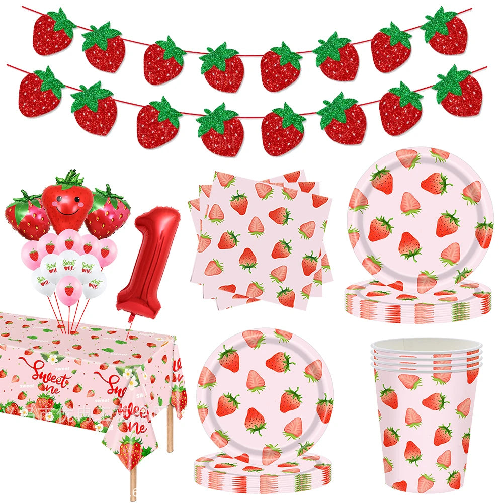 Strawberry party supplies kit including plates cups napkins and a tablecloth