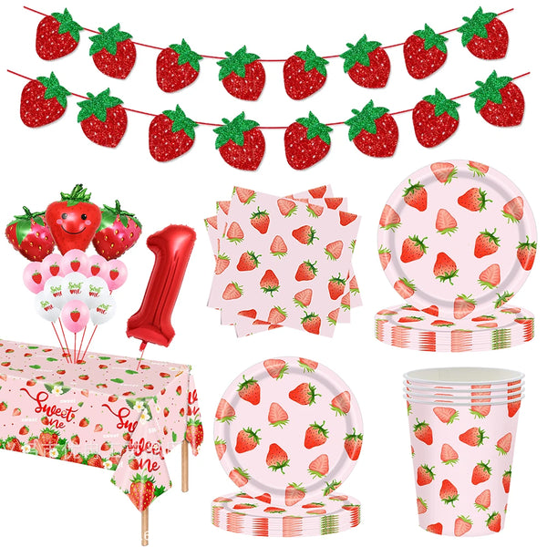 Strawberry party supplies kit including plates cups napkins and a tablecloth