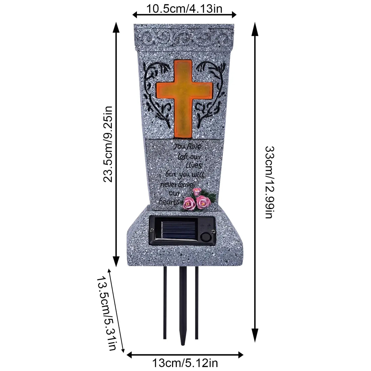 A silver solar LED cross memorial vase with a carved cross and a plaque.