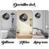 Decorative wall clock featuring marble textured glass with gold accents shown in bathroom, kitchen, and living room settings.