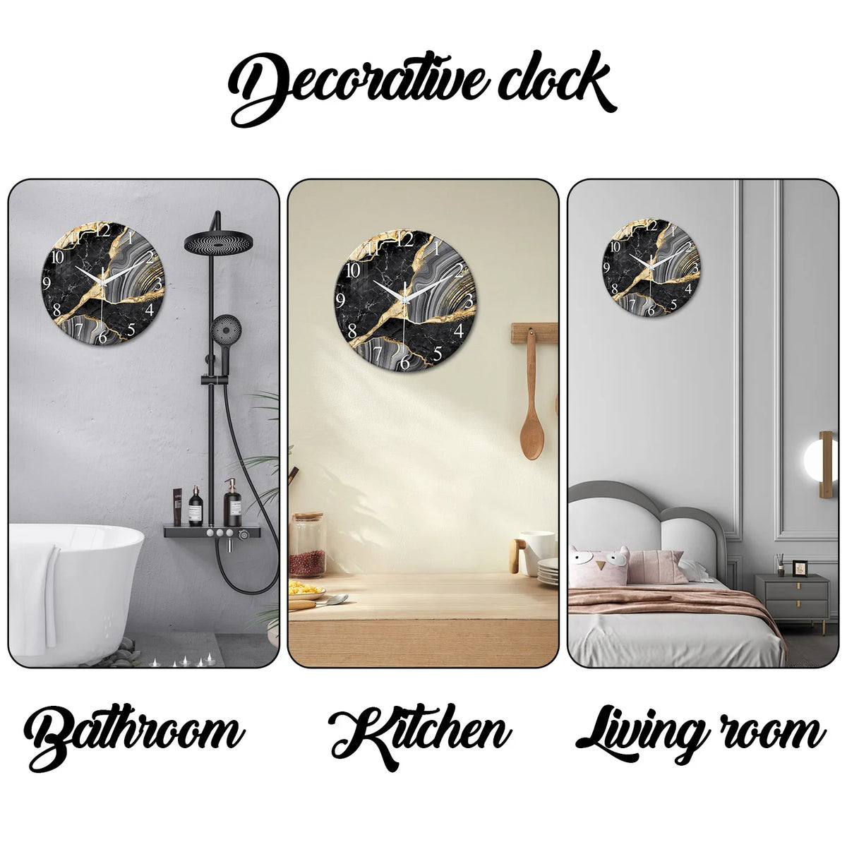 Decorative wall clock featuring marble textured glass with gold accents shown in bathroom, kitchen, and living room settings.