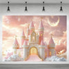 A pink and white castle backdrop for a birthday party featuring a large moon and clouds.