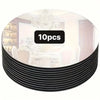 A set of 10 acrylic round mirror table plates for weddings and party decor displayed on a black striped plate.