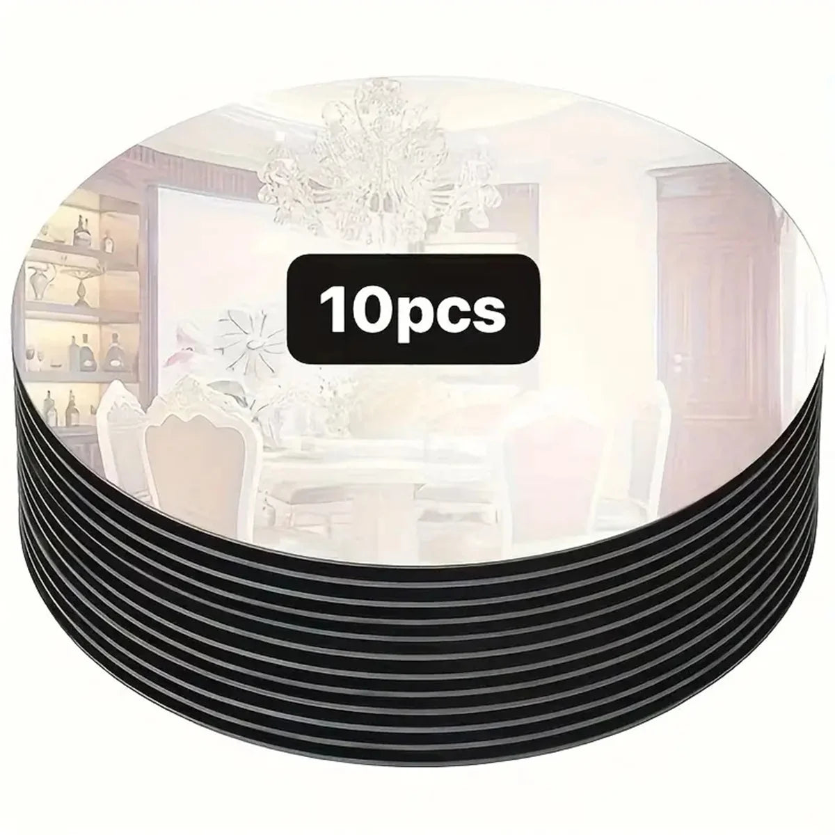 A set of 10 acrylic round mirror table plates for weddings and party decor displayed on a black striped plate.