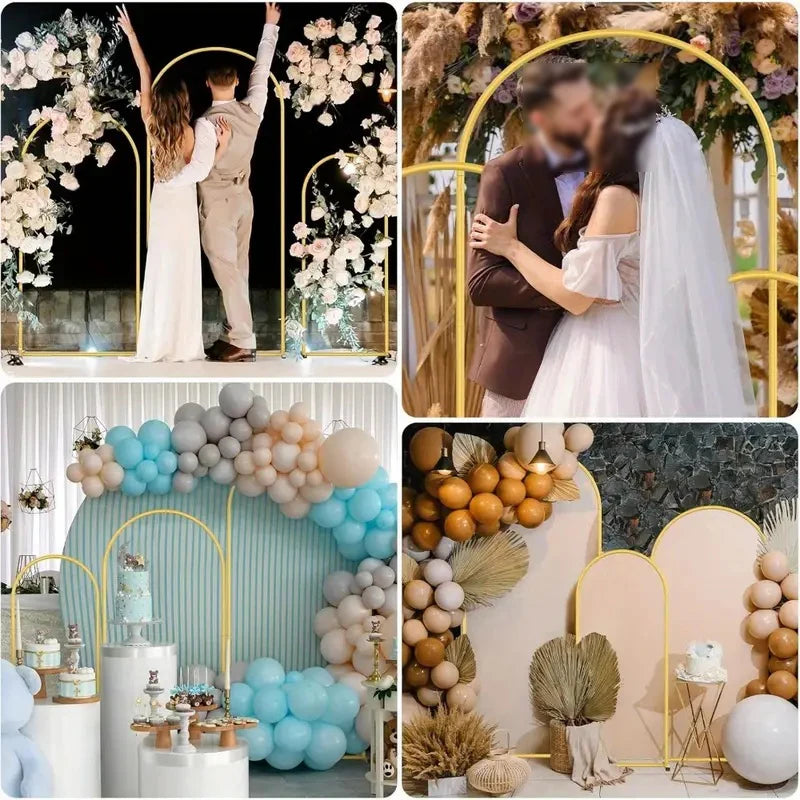 A display of various balloons, including light blue and beige, arranged on a metal arch stand for events.