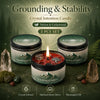 A set of three Evoduck crystal intention candles featuring Vetiver and Cedarwood scents for grounding and stability.