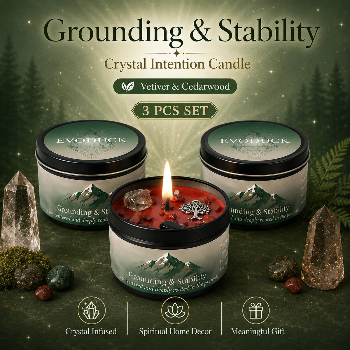 A set of three Evoduck crystal intention candles featuring Vetiver and Cedarwood scents for grounding and stability.