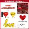A package includes a set of red and gold heart decor, featuring balloons, love lettering, and rose petals for an anniversary.