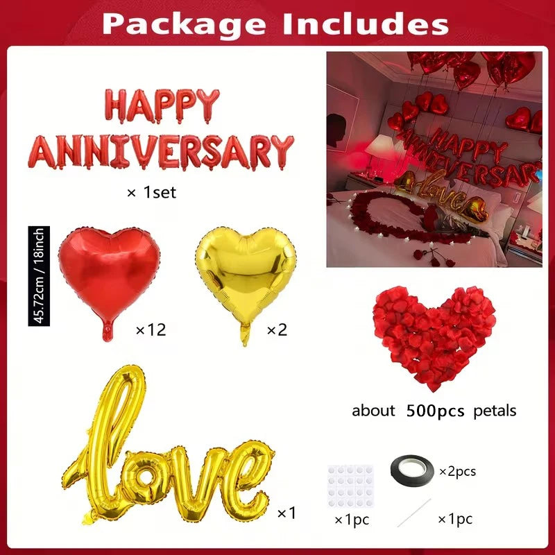 A package includes a set of red and gold heart decor, featuring balloons, love lettering, and rose petals for an anniversary.