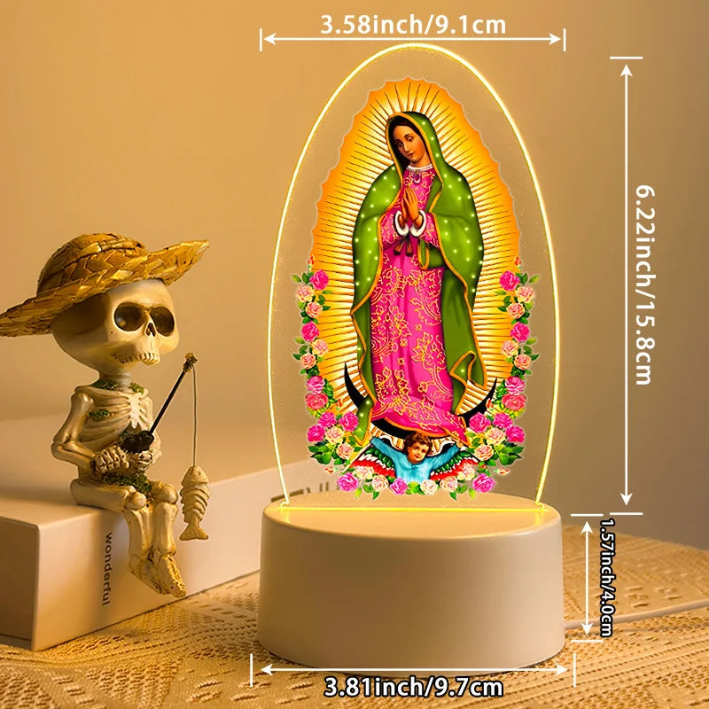 Acrylic LED night light featuring Our Lady of Guadalupe in a radiant halo design.